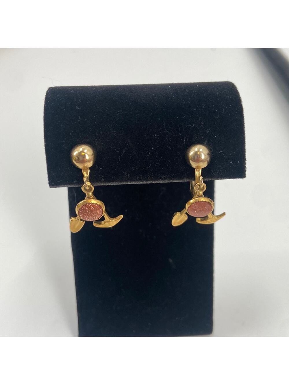 Unique Vintage Gold stone shovel and pick screw back earrings